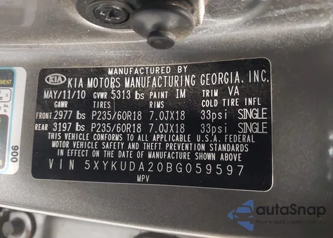 2011 Kia Sorento Ex V6 z USA, uszkodzony, nr VIN 5XYKUDA20BG059597